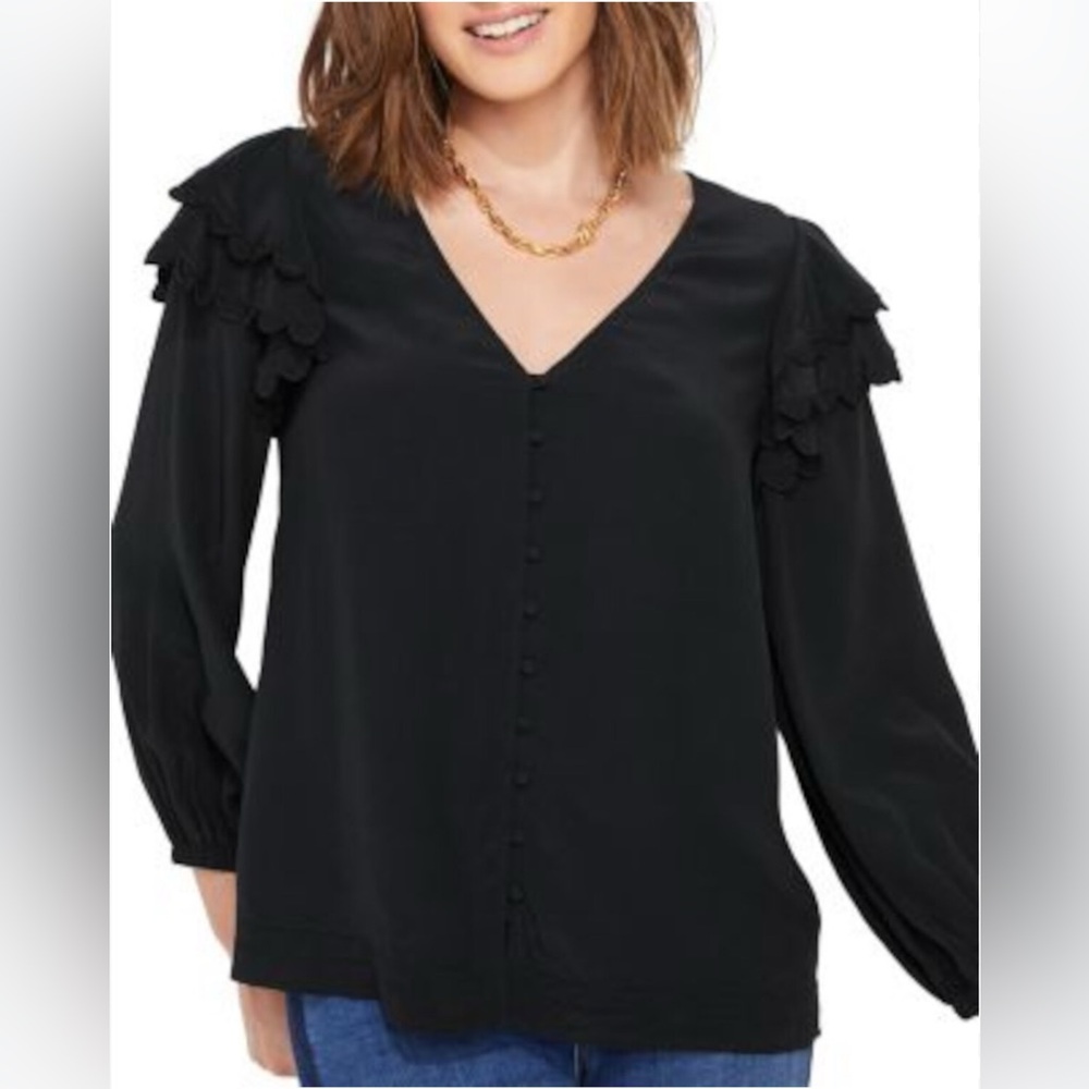 NWT VINEYARD VINES Black Scalloped Ruffled Button Front Ladder Lace Trim Blouse